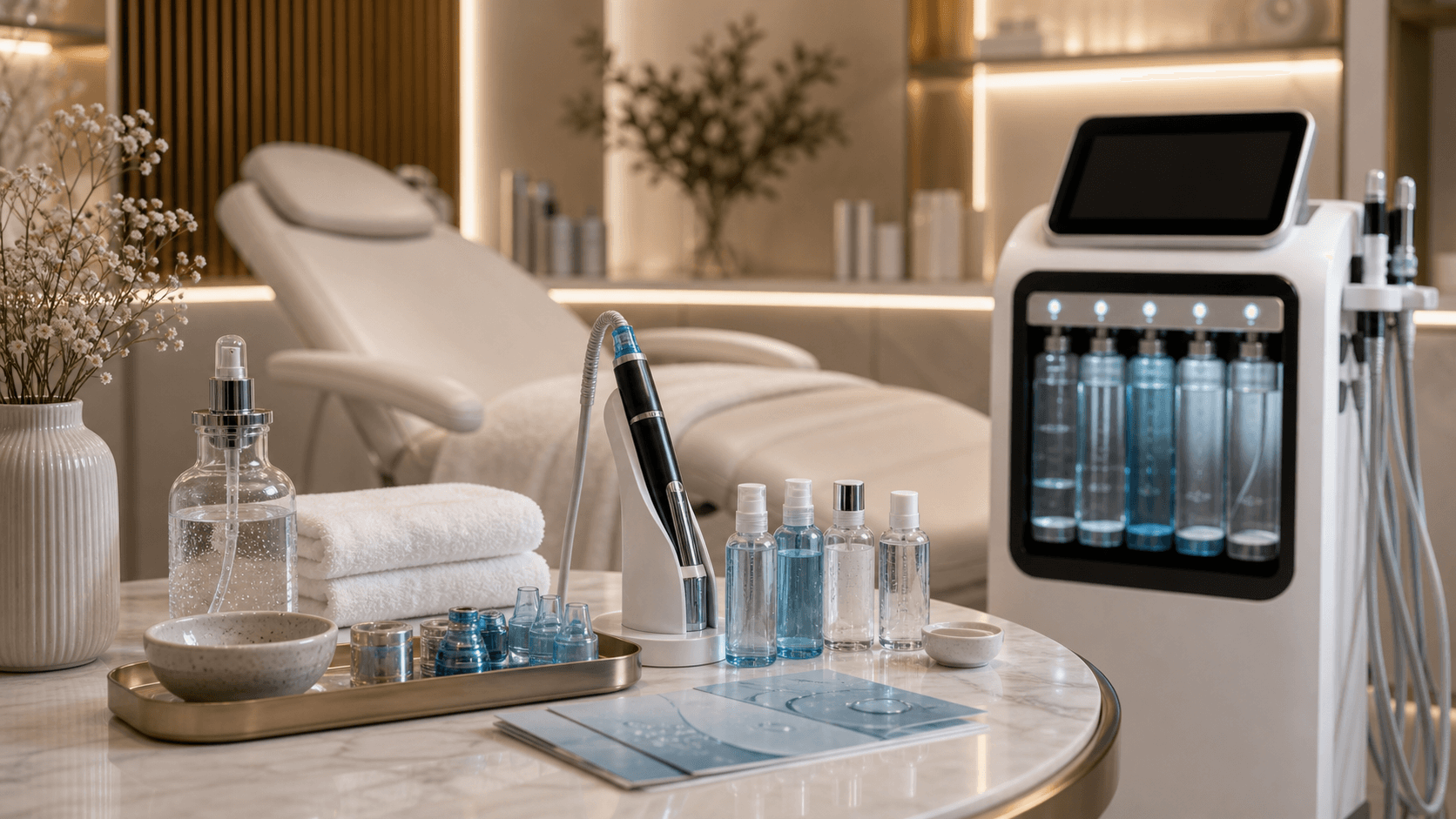 Hydro-dermabrasion facial device and hydrating serum setup at Endless Beauty Clinic Dubai