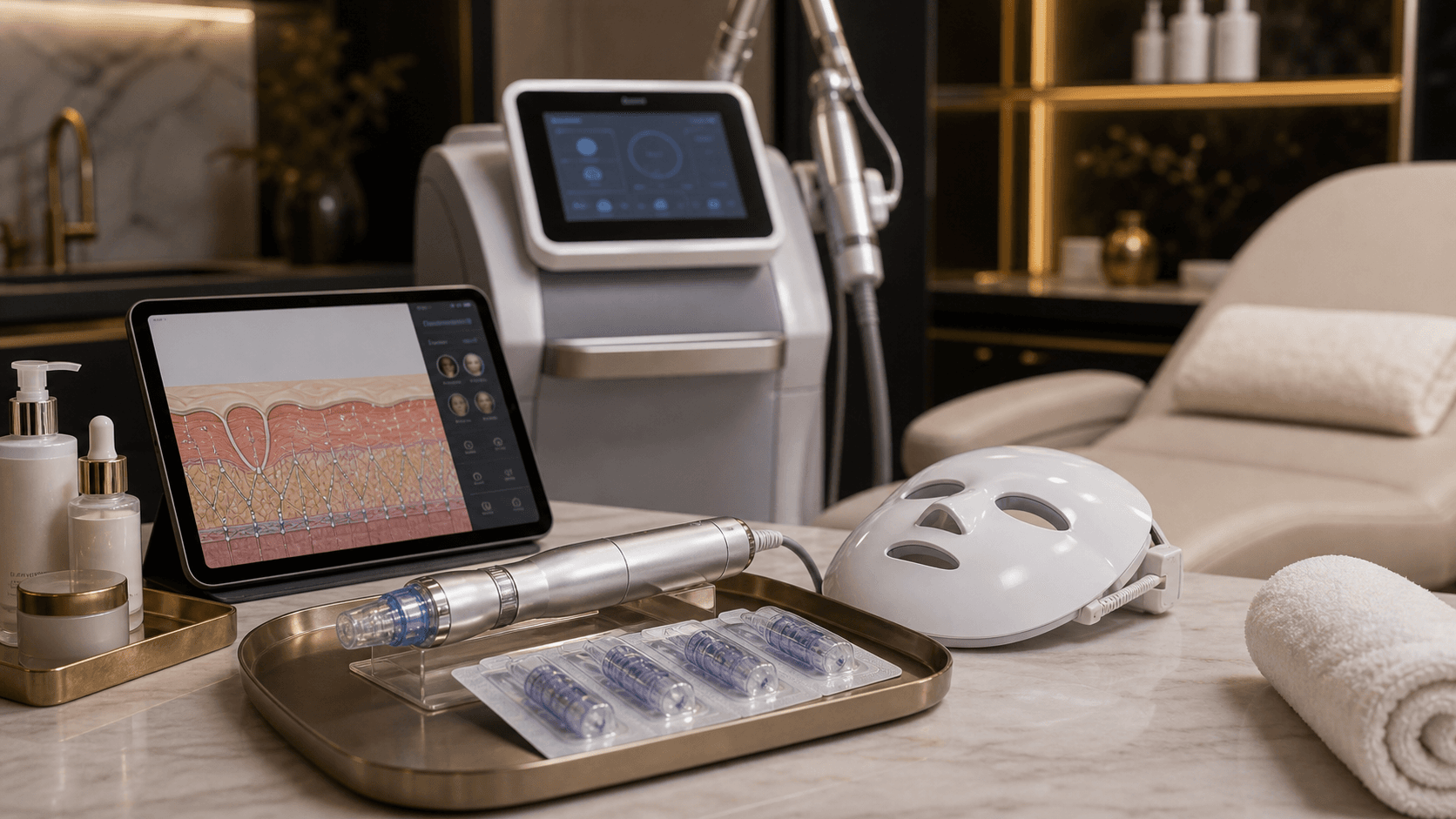 RF microneedling device setup with skin analysis tablet at Endless Beauty Clinic Dubai