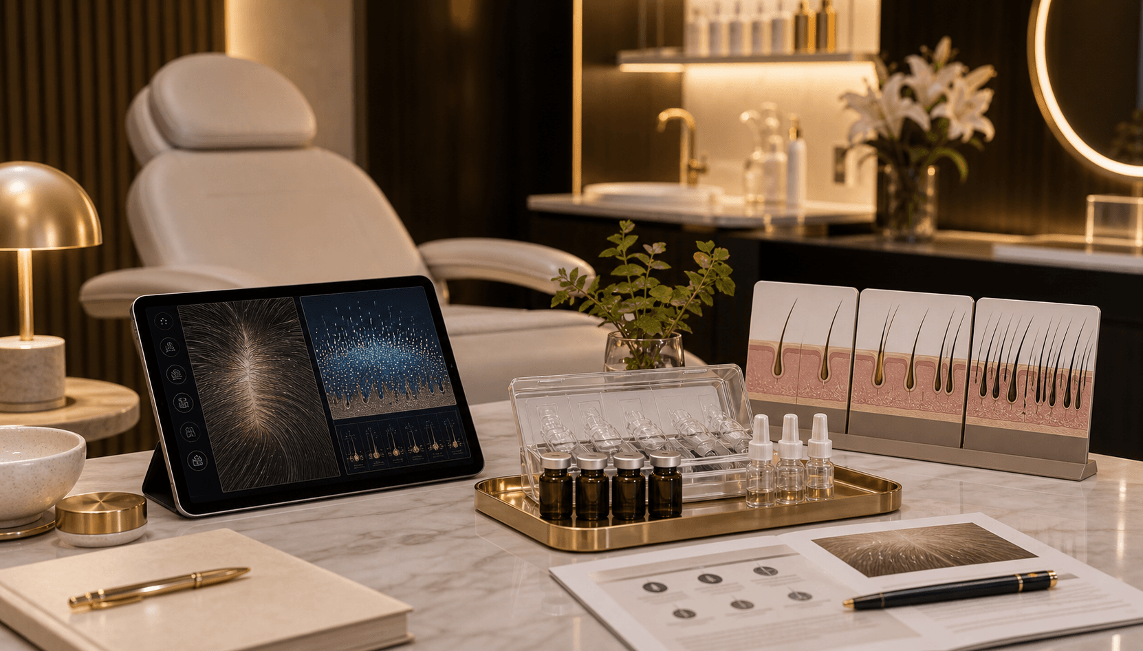 Regenerative hair restoration planning setup with scalp analysis at Endless Beauty Clinic Dubai