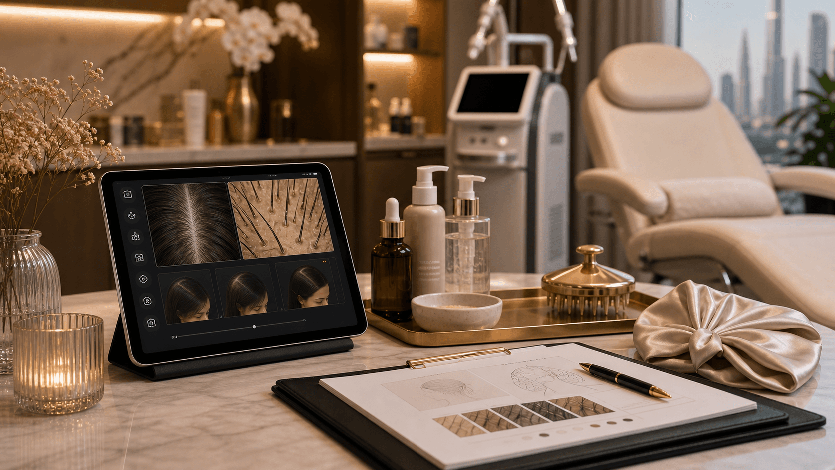 Female hair thinning appointment and scalp analysis setup at Endless Beauty Clinic Dubai