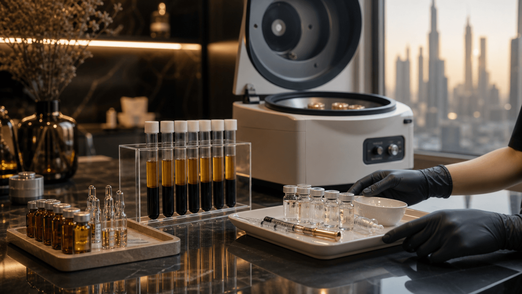 Regenerative aesthetics lab preparation with PRP plasma tubes at Endless Beauty Clinic Dubai