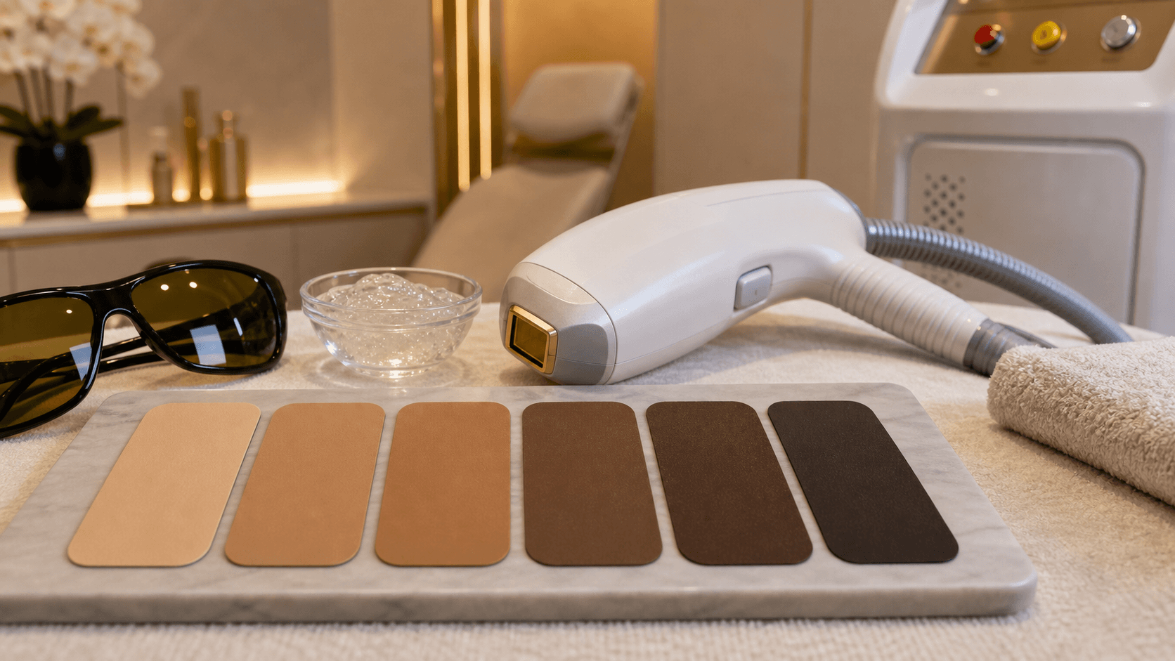 Laser hair removal safety setup with diverse skin tone swatches at Endless Beauty Clinic Dubai
