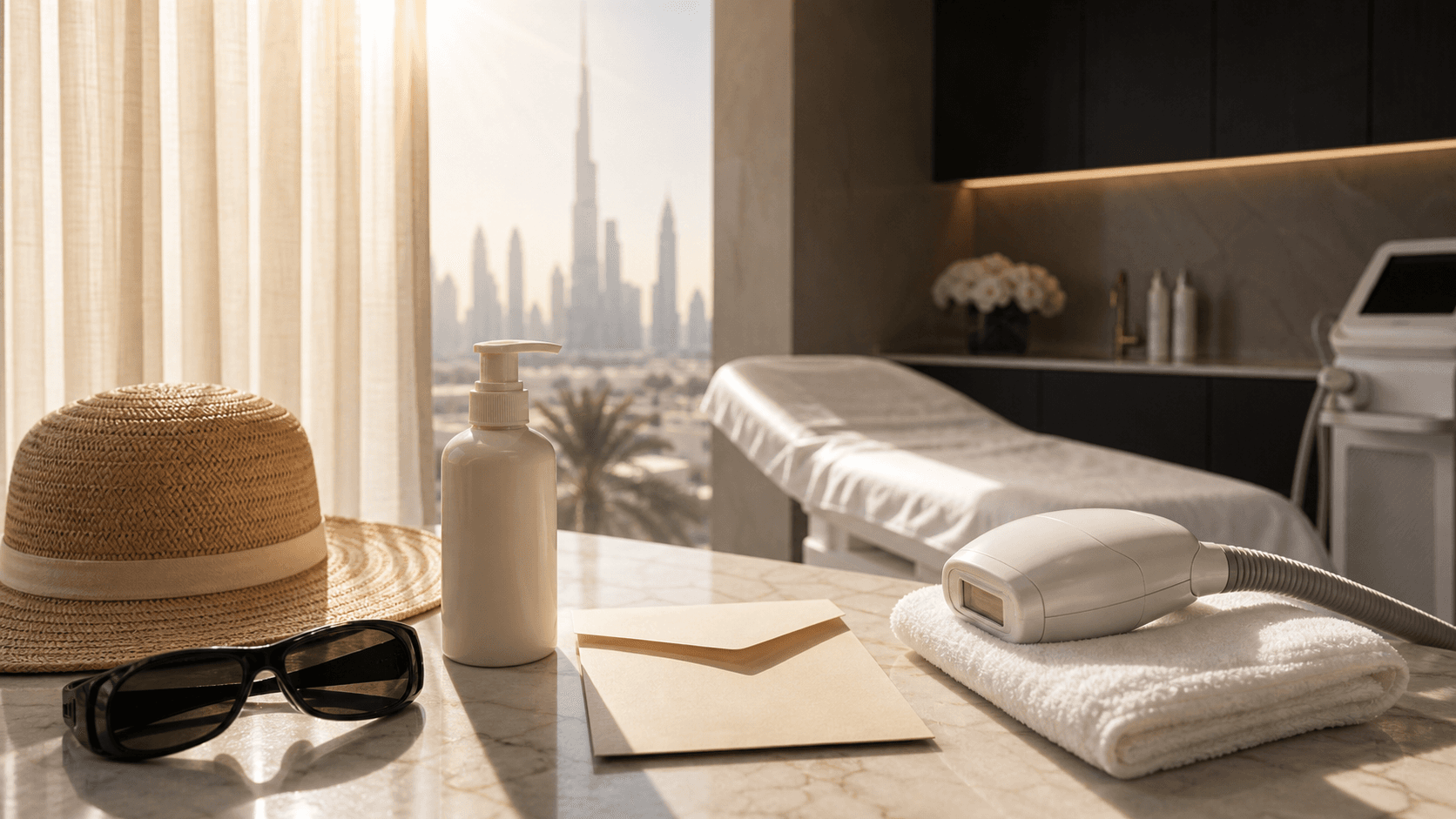 Summer laser hair removal timing setup with sunscreen and goggles at Endless Beauty Clinic Dubai