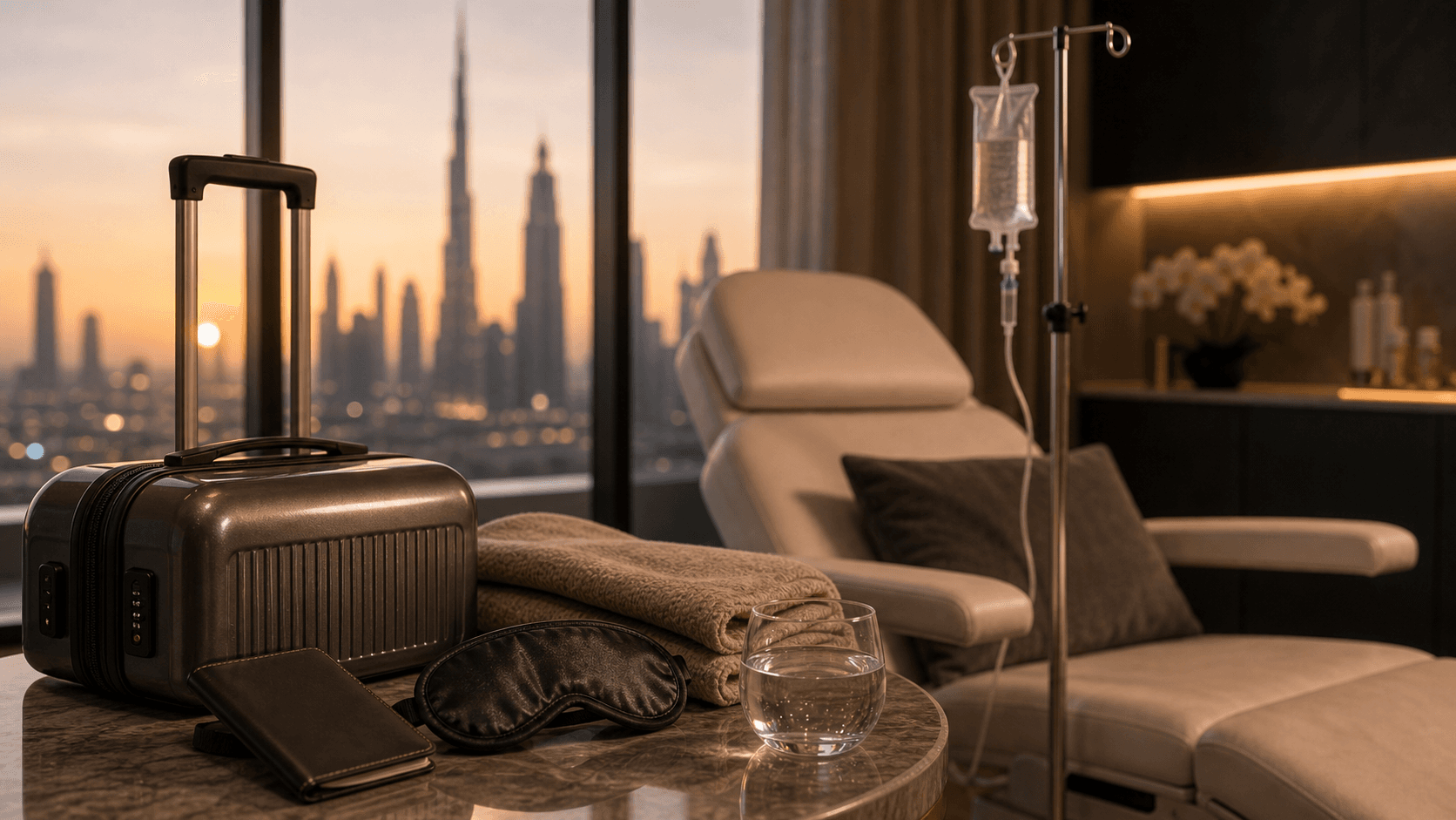 IV therapy lounge setup for jet lag and travel fatigue at Endless Beauty Clinic Dubai