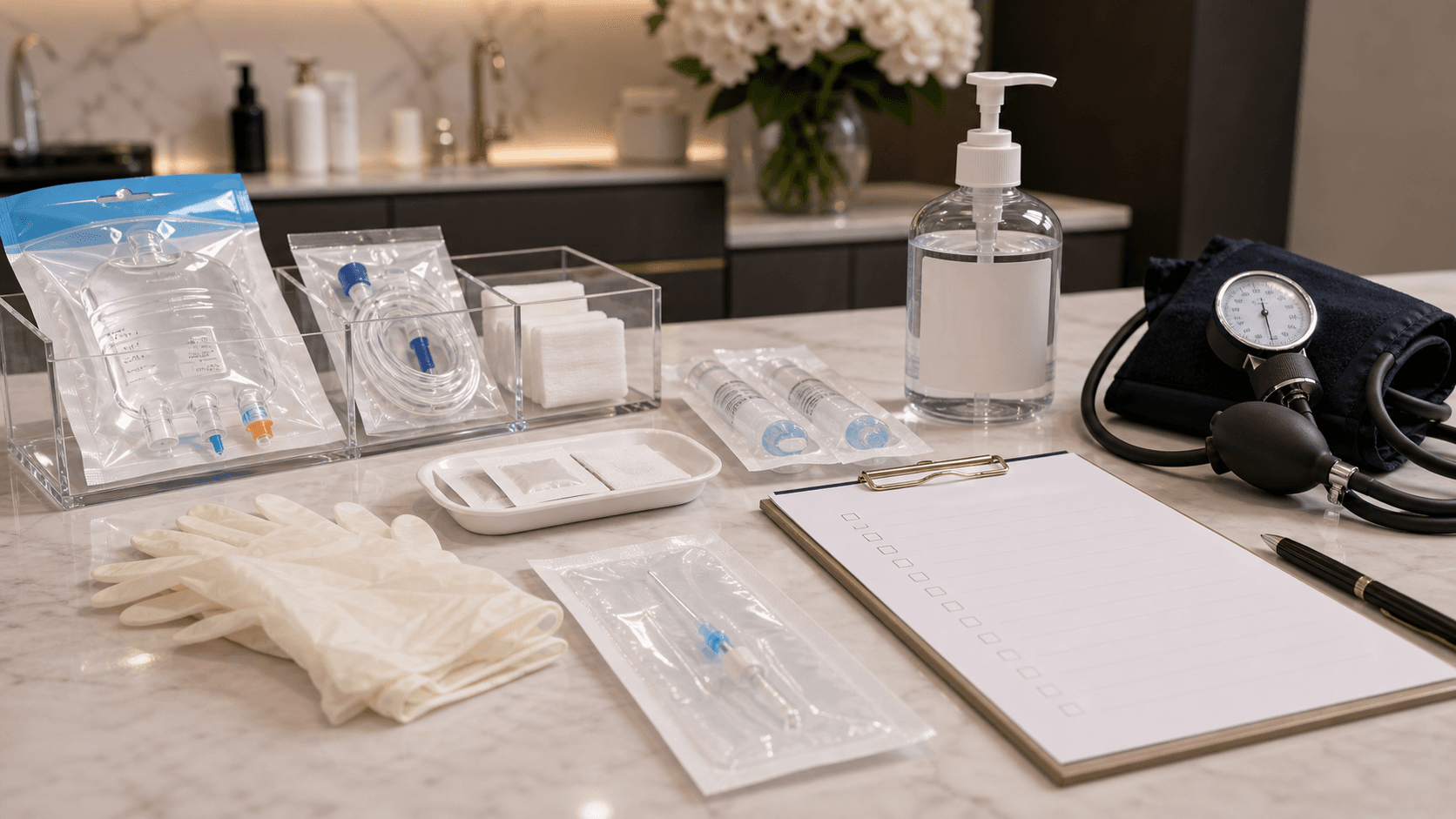 IV drip safety kit and sterile supplies at Endless Beauty Clinic Dubai