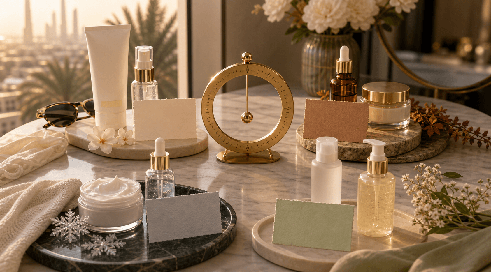 Year round Dubai skincare calendar setup with seasonal products