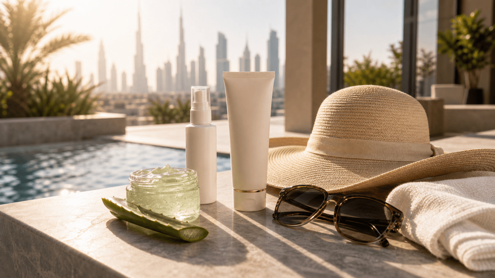 Dubai summer skincare survival setup with sunscreen and cooling care