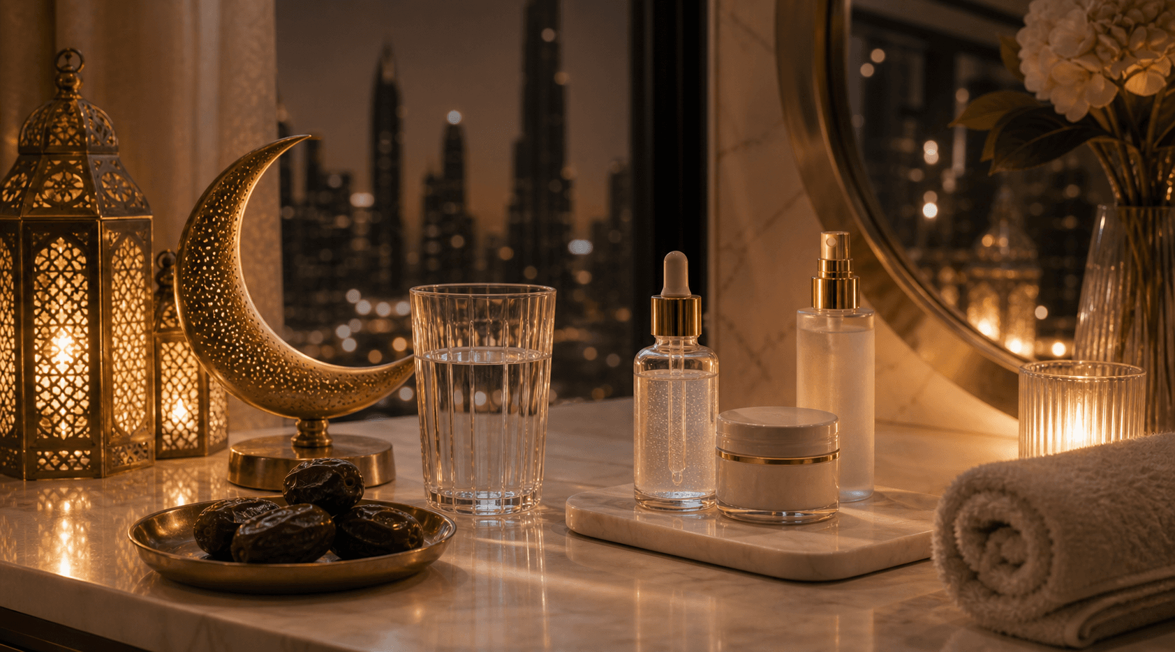 Ramadan skincare hydration setup with water dates and moisturizer