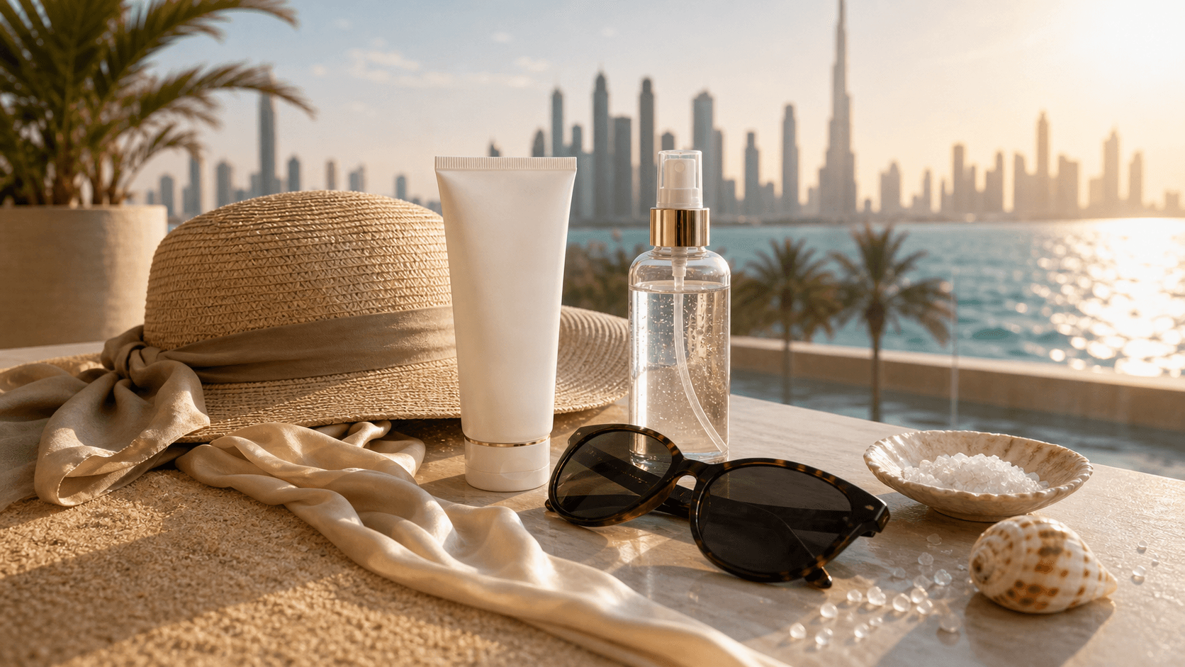 Dubai desert sun and saltwater skin protection setup