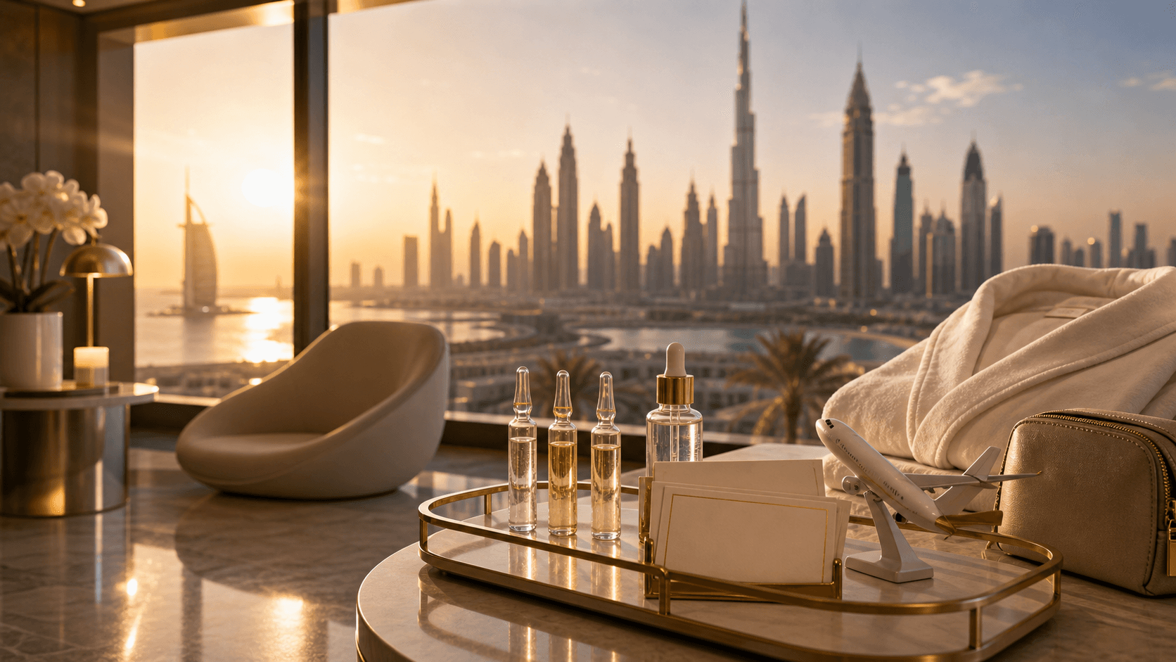 Dubai medical tourism clinic welcome setup with skyline view